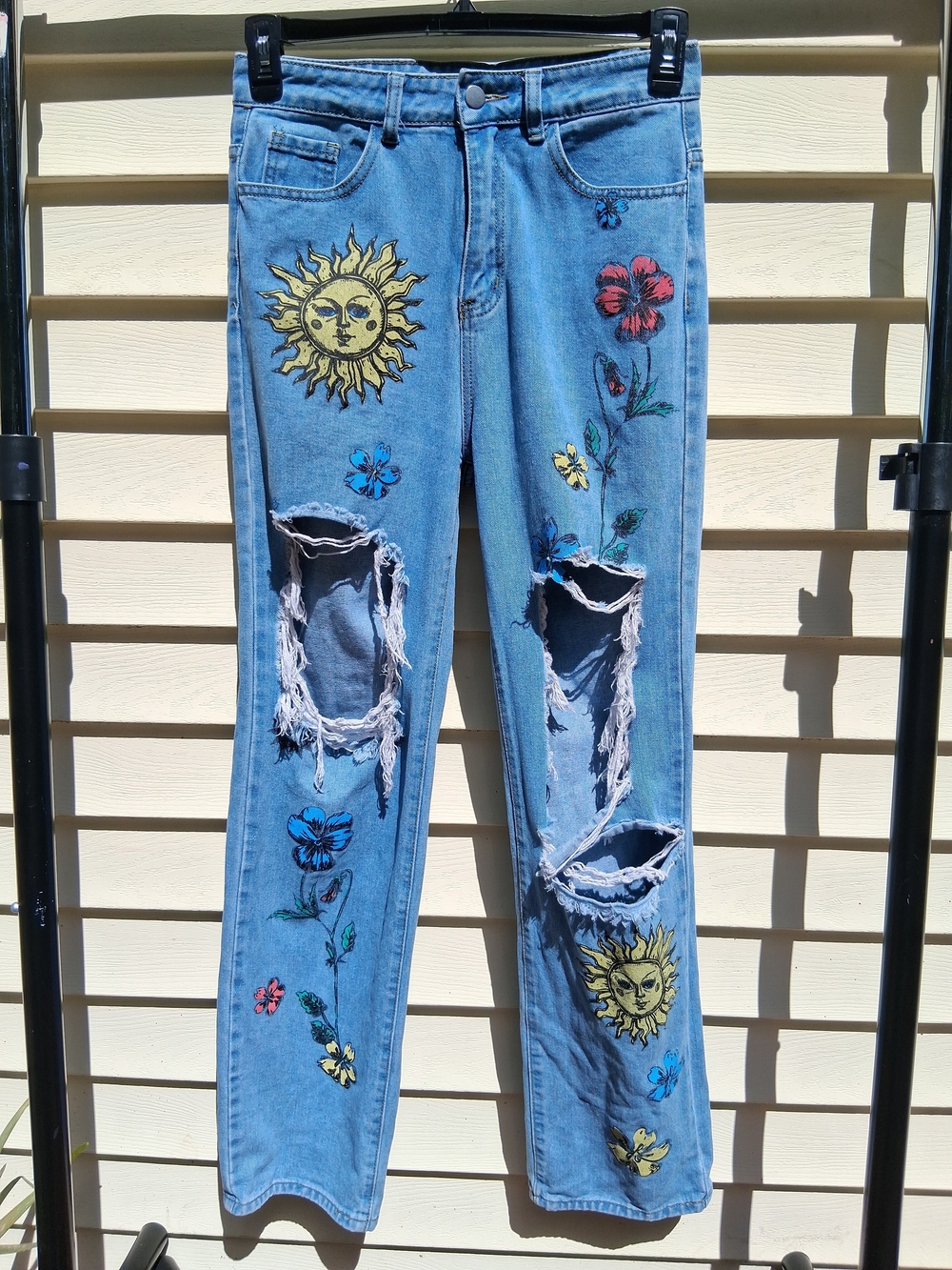 Shein Distressed Jeans w/ Flowers & Suns High Rise Straight Leg Women's Sz 4